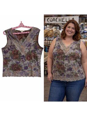 Coldwater Creek XL Sleeveless Dark Floral Lace Trim Top Boho Fairy Made In USA